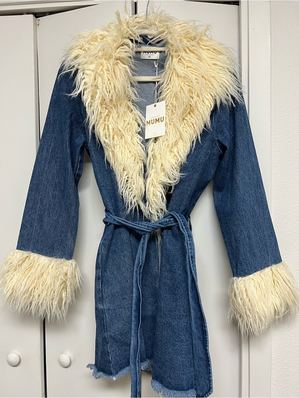 Show Me Your Mumu Women's Denim Coat with Cream Faux Fur Trim
